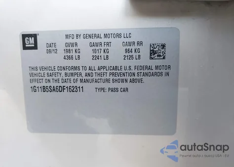 2013 Chevrolet Malibu 1Ls z USA, uszkodzony, nr VIN 1G11B5SA6DF162311